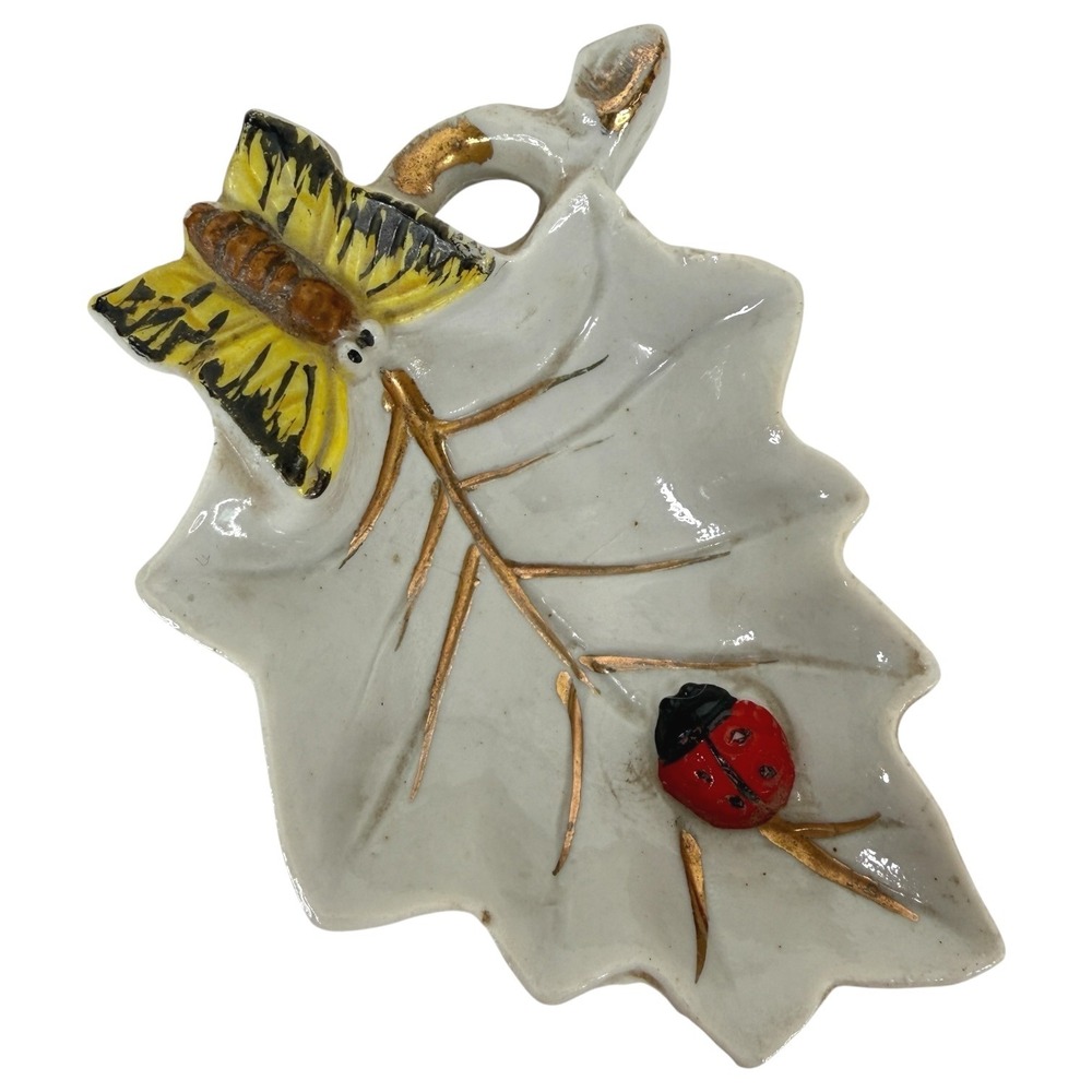 Teabag Holder Trinket Dish Ceramic White Butterfly Ladybug Leaf Japan Small